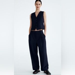 ZARA DARK BLUE 2PC VEST AND HI WAIST WIDE LEG TROUSER SET SZ XS